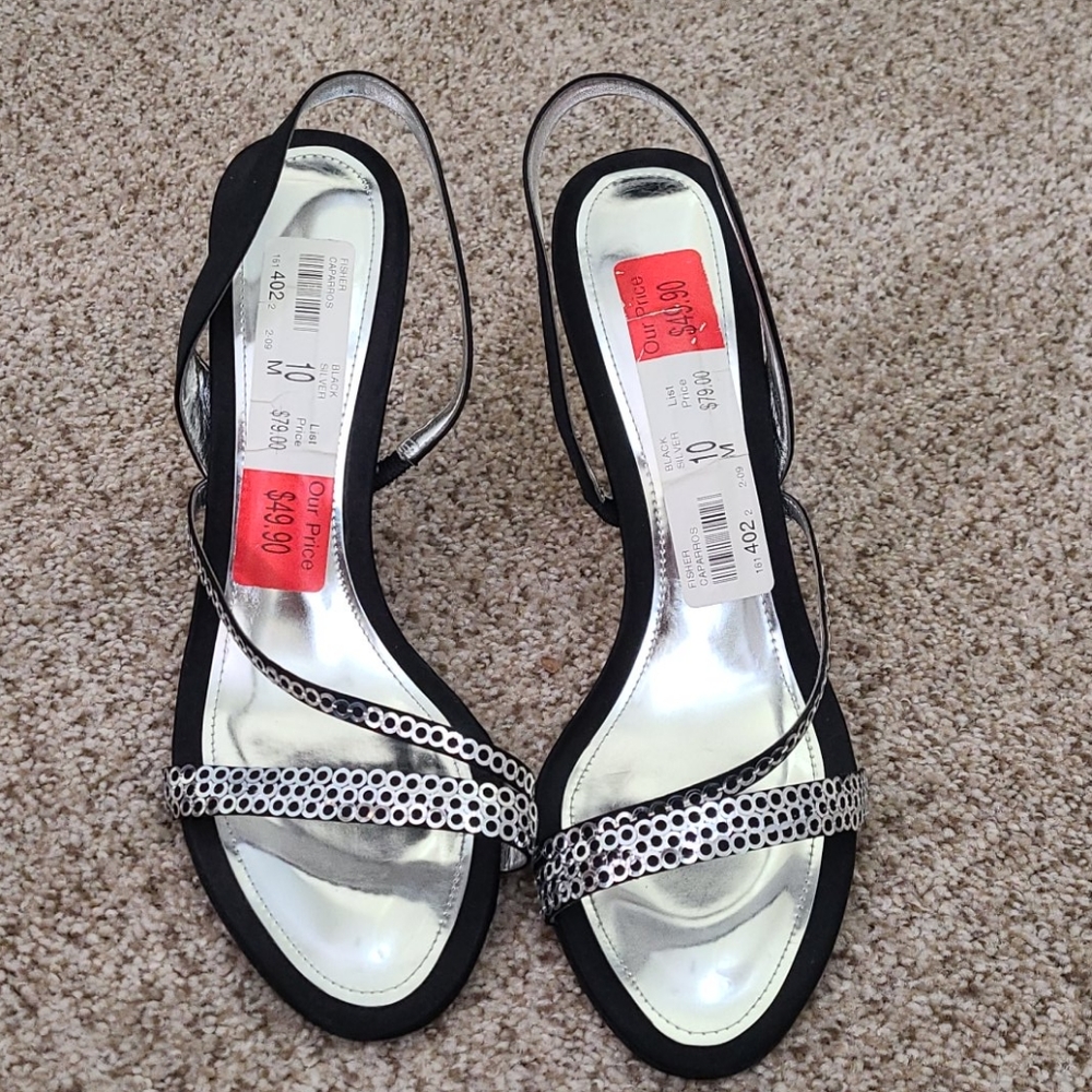 Strapped black and silver heels